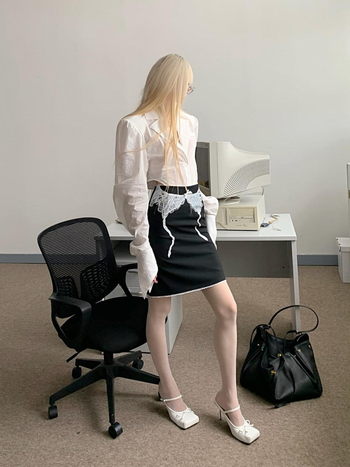 Rase le sol White One Piece Waist Cinching Structured Long Sleeve Women's Blouses