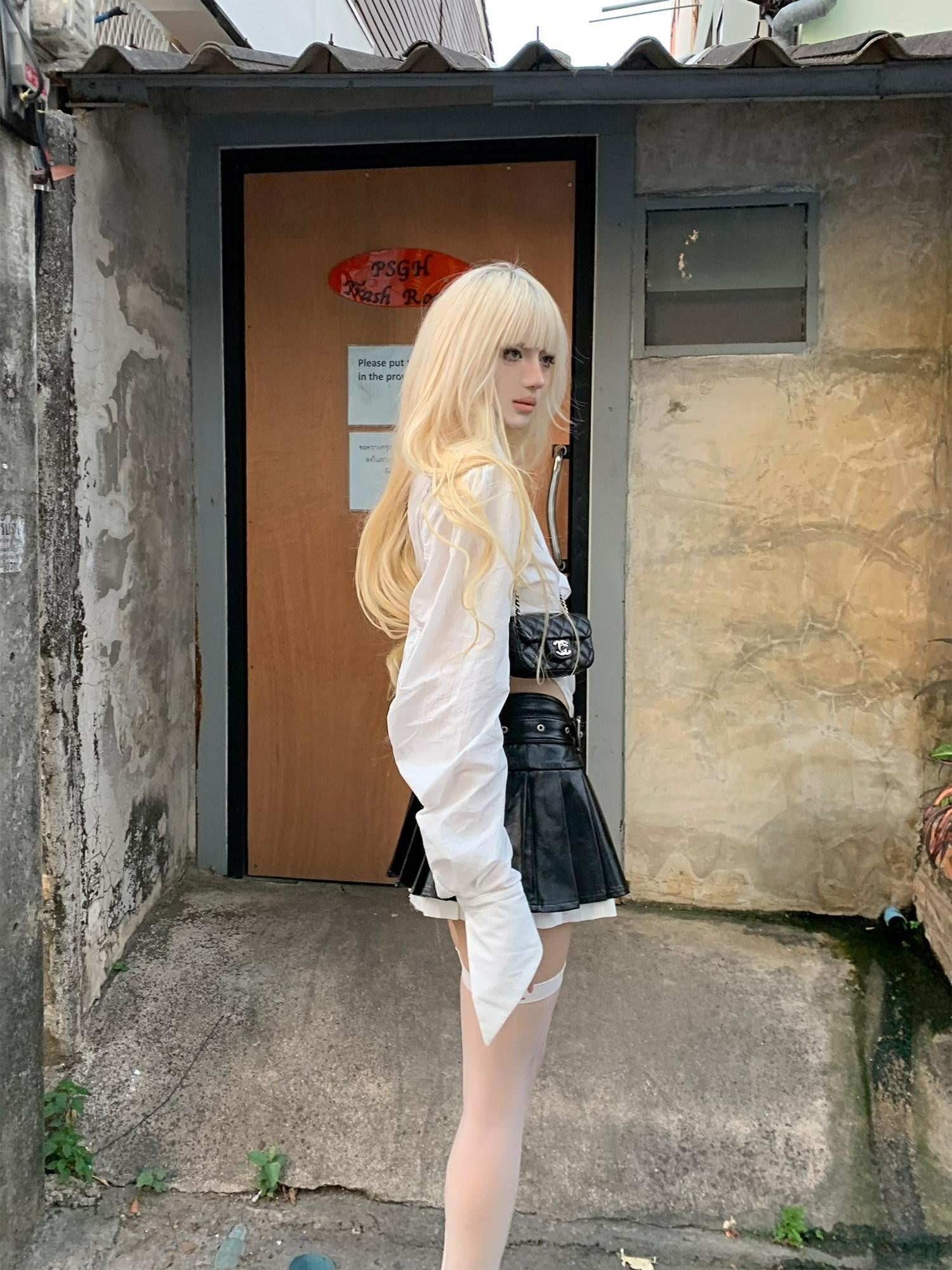 Rase le sol White One Piece Waist Cinching Structured Long Sleeve Women's Blouses