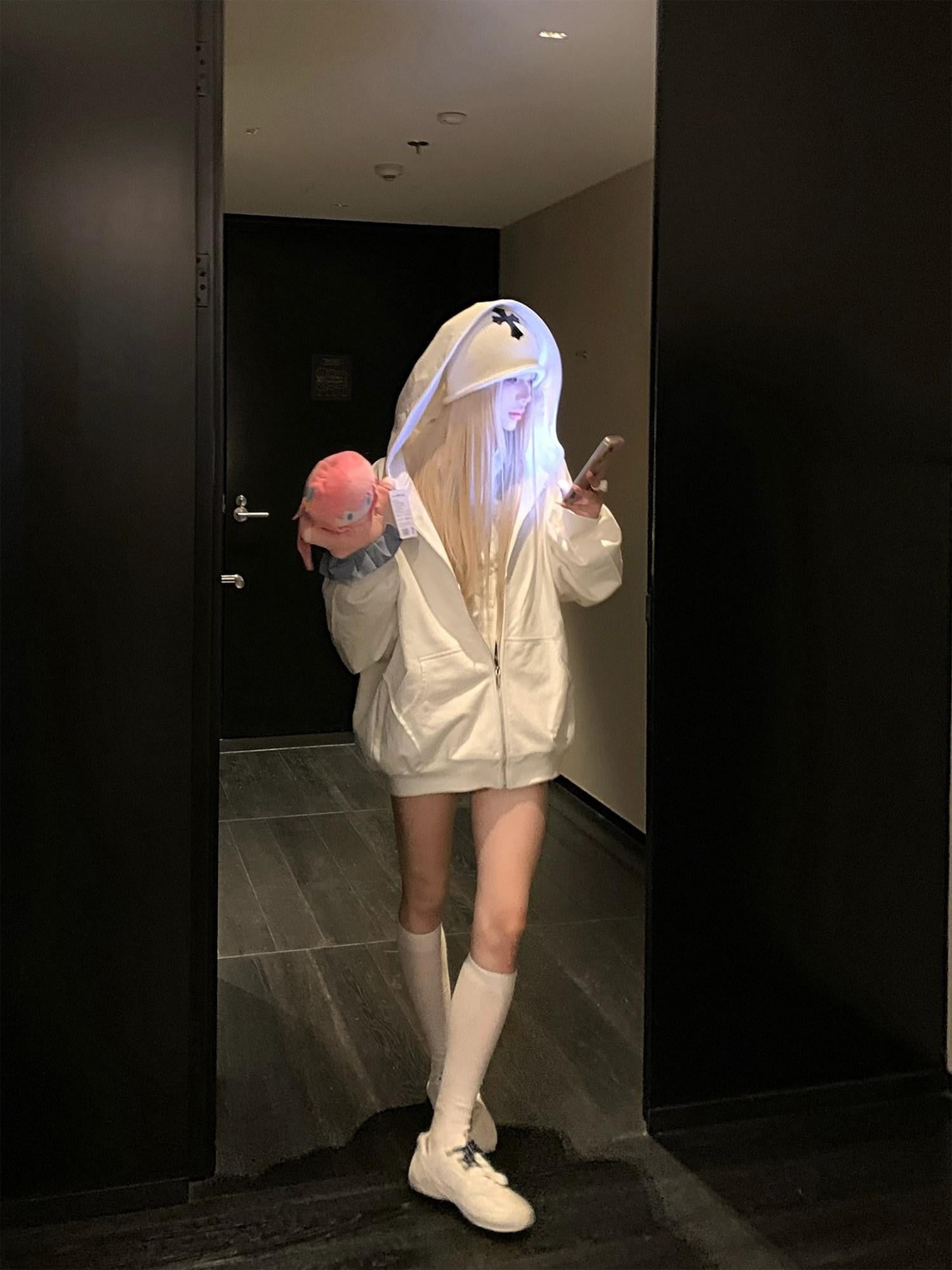 Rase le sol White Oversized Loose Open Front American Streetwear Women's Zip-up Hoodies