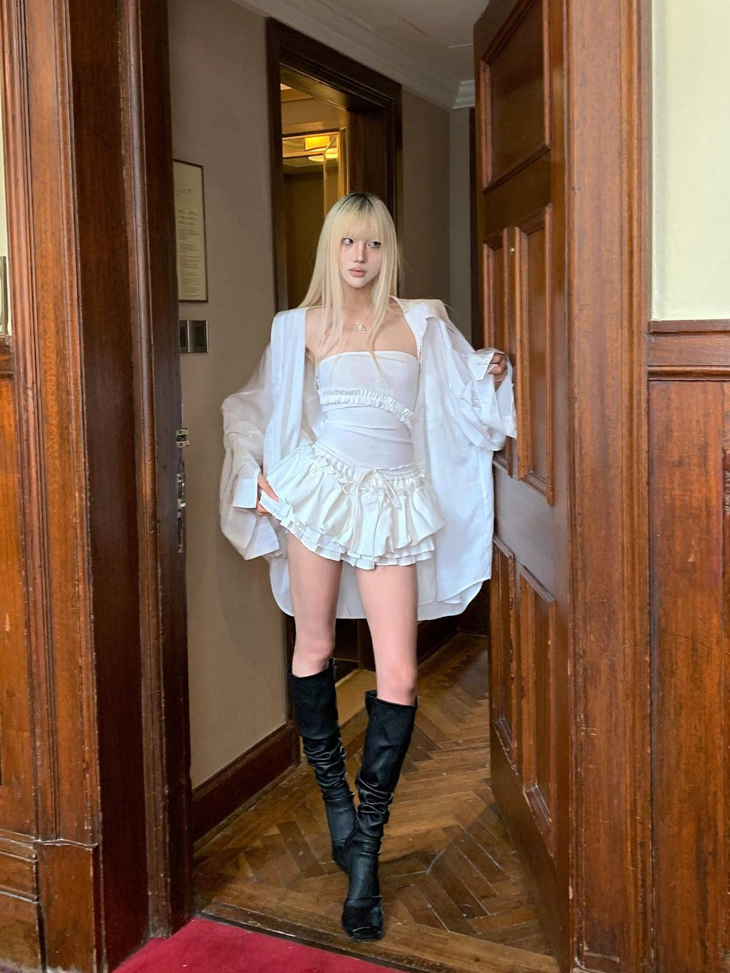 Rase le sol White Pleated Tiered Voluminous Puff A Line Women's Mini Skirts
