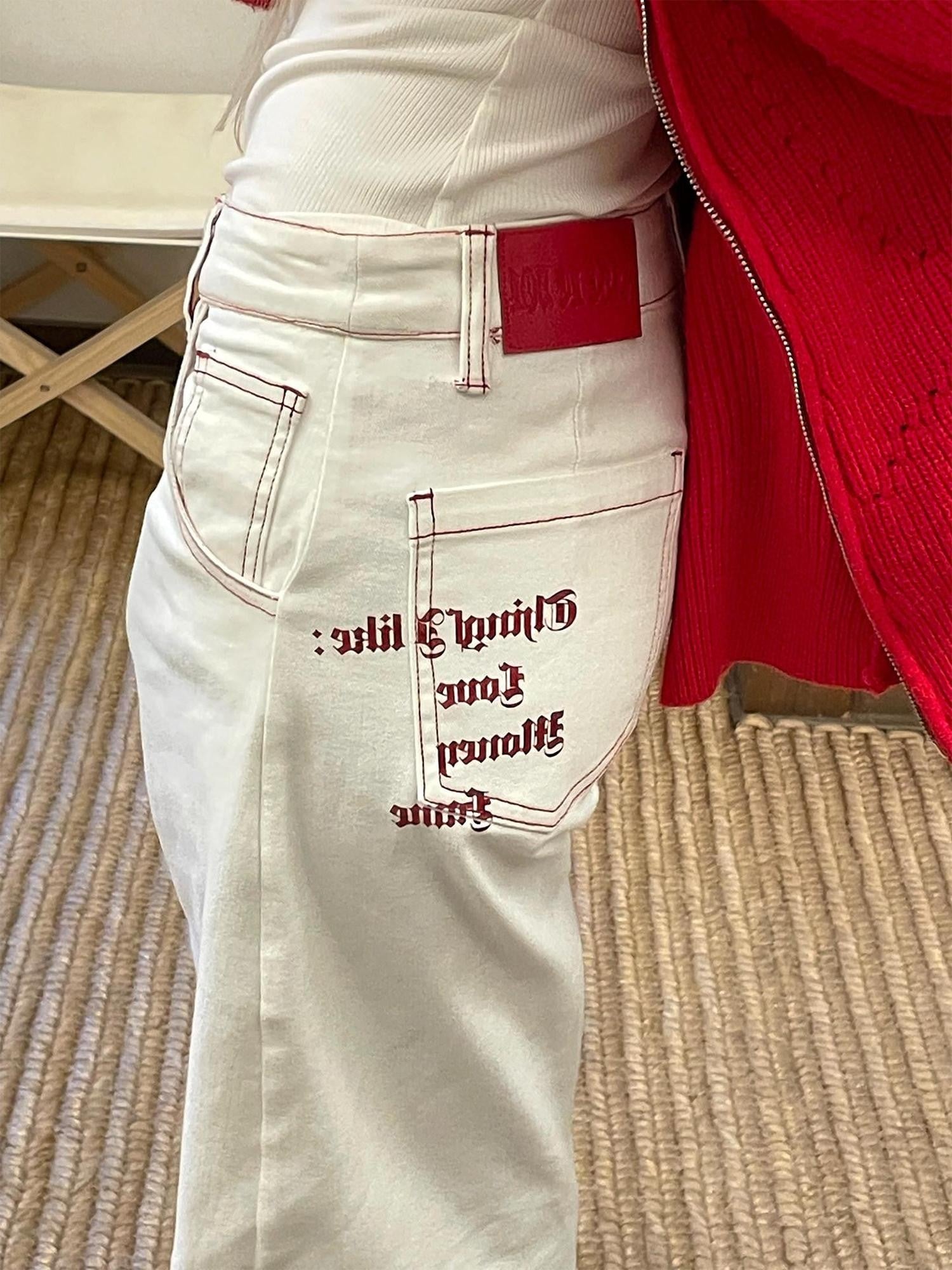 Rase le sol White Red Lined American Low Waist Loose Fit Women's Denim Straight-leg Jeans