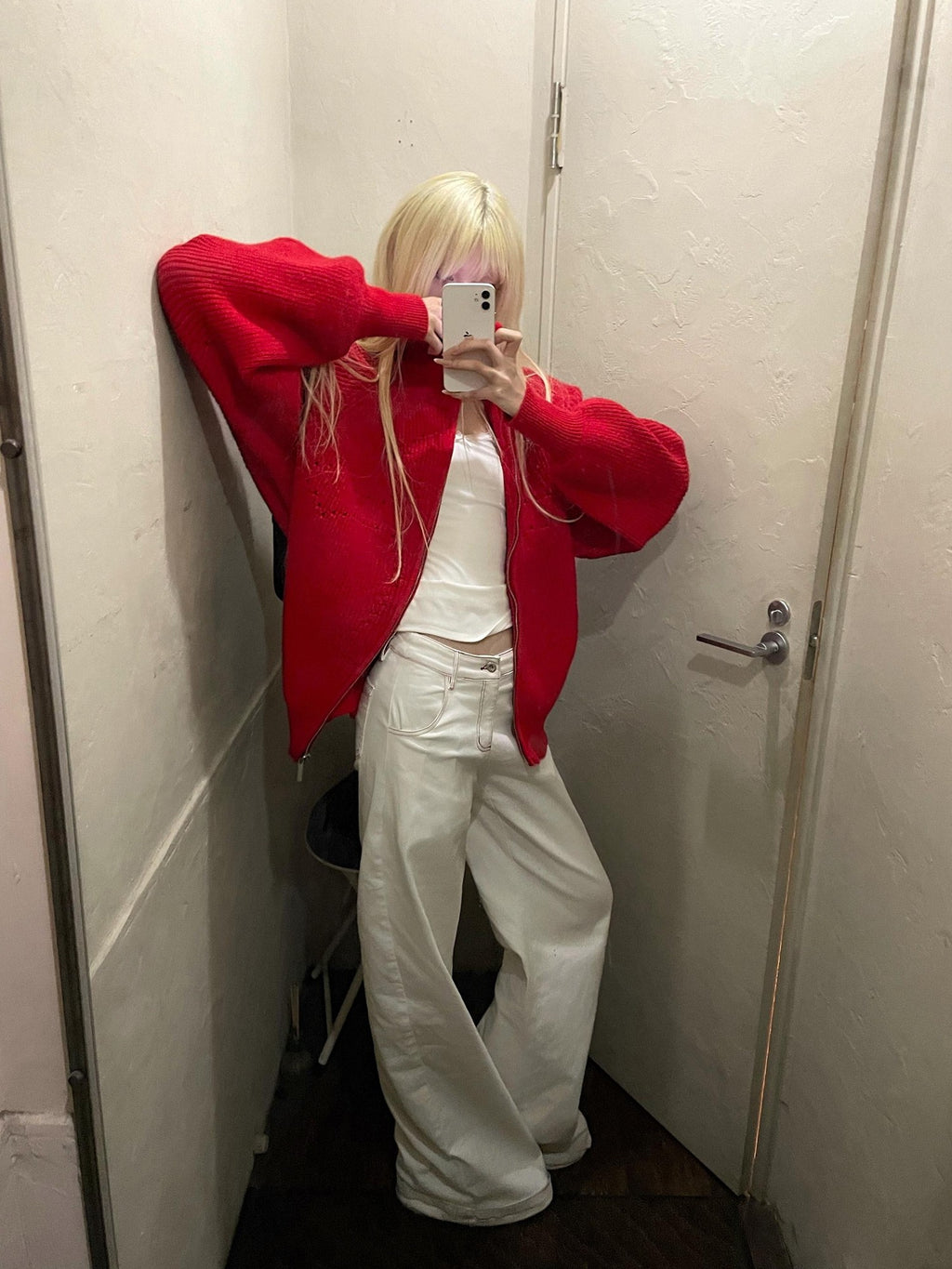 Rase le sol White Red Lined American Low Waist Loose Fit Women's Denim Straight-leg Jeans