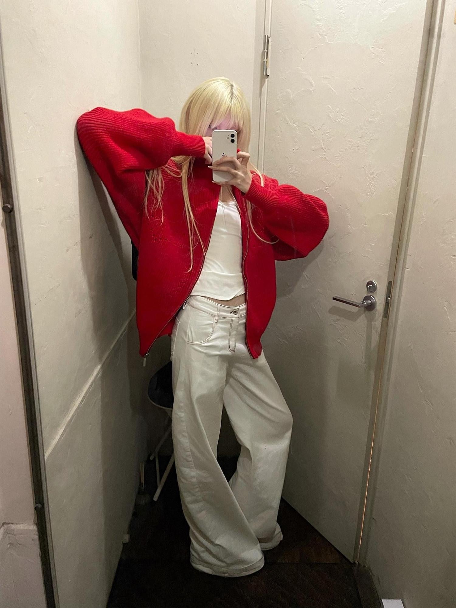 Rase le sol White Red Lined American Low Waist Loose Fit Women's Denim Straight-leg Jeans