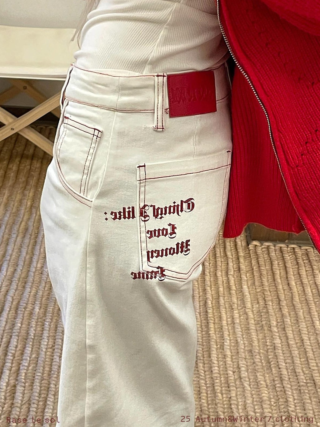 Rase le sol White Red Lined American Low Waist Loose Fit Women's Denim Straight-leg Jeans