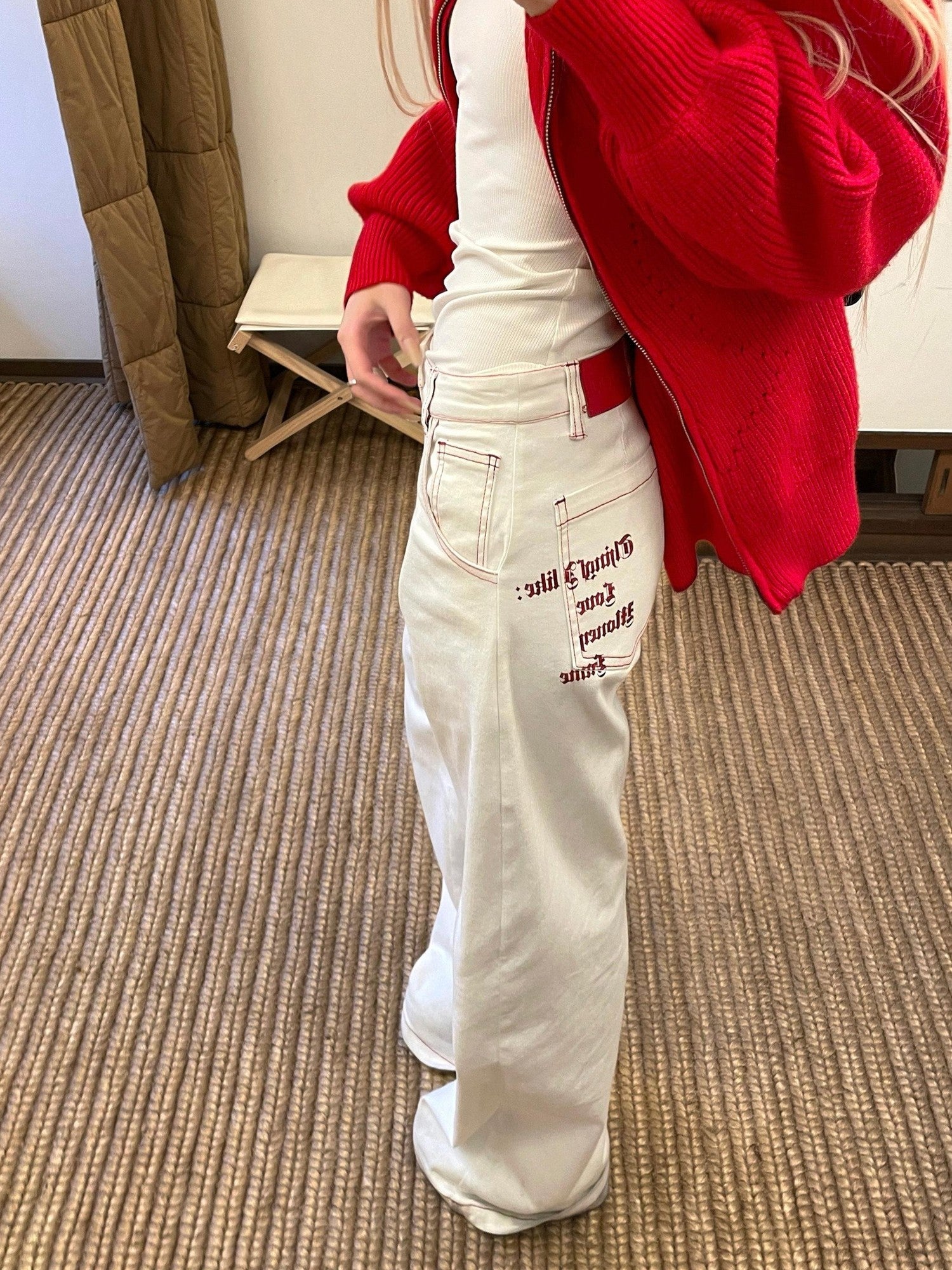 Rase le sol White Red Lined American Low Waist Loose Fit Women's Denim Straight-leg Jeans