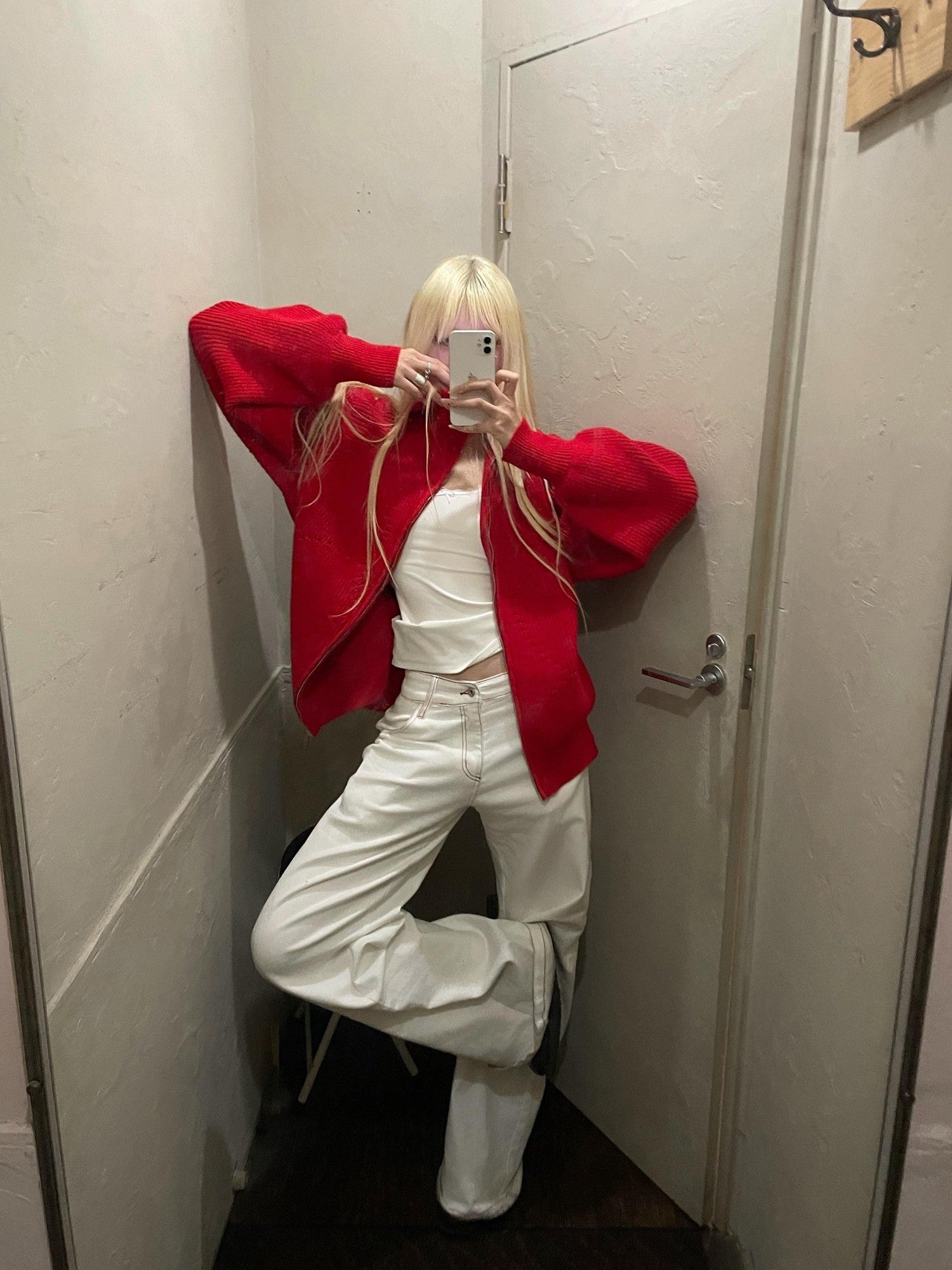 Rase le sol White Red Lined American Low Waist Loose Fit Women's Denim Straight-leg Jeans
