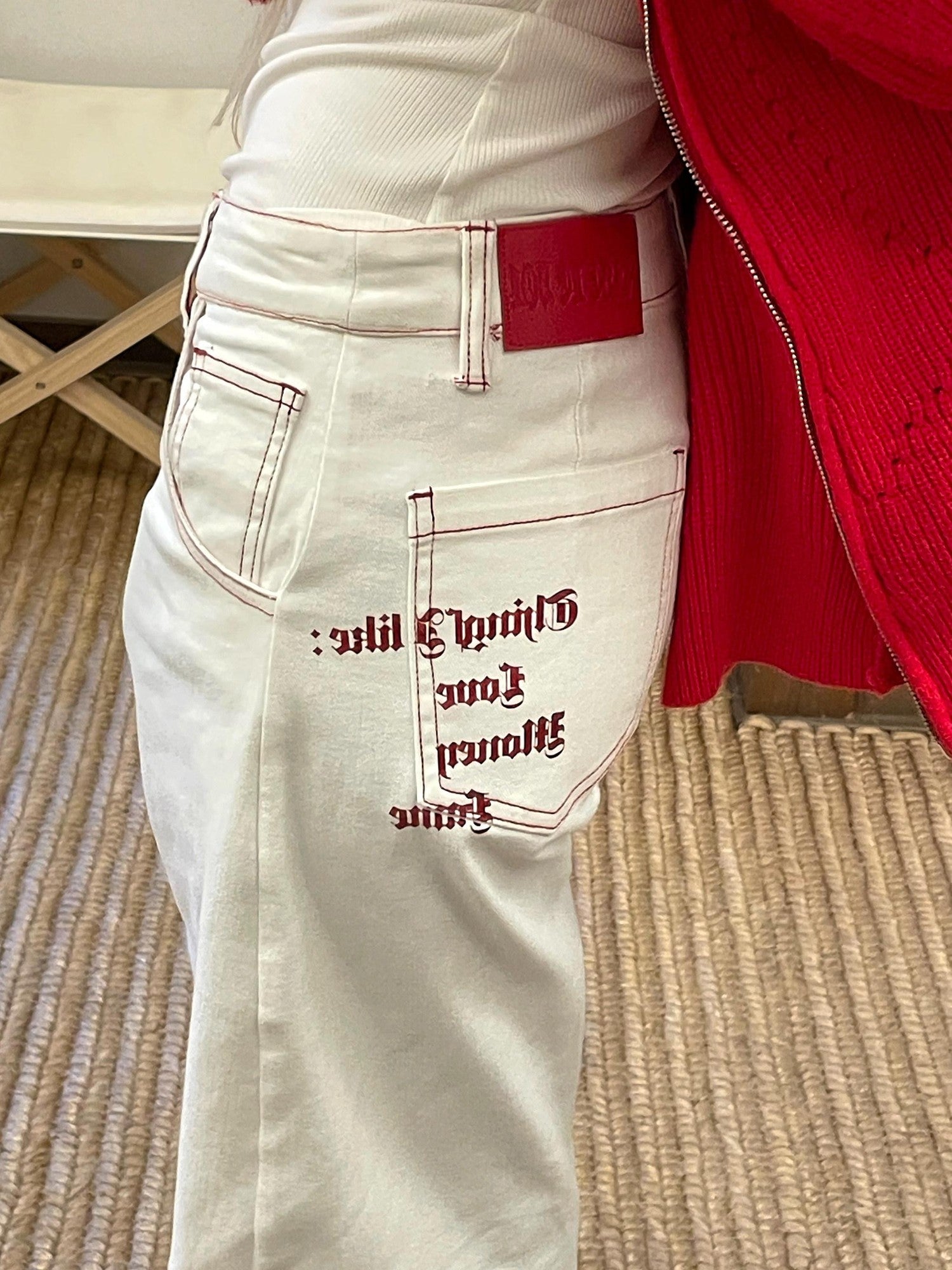 Rase le sol White Red Lined American Low Waist Loose Fit Women's Denim Straight-leg Jeans