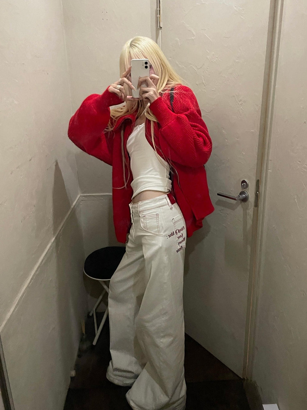 Rase le sol White Red Lined American Low Waist Loose Fit Women's Denim Straight-leg Jeans