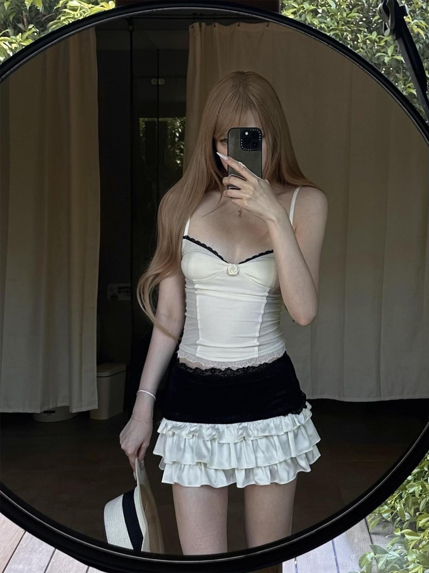Rase le sol White Rose Lace Trim Mesh Panel Women's Sheer Lace Mesh Camisoles
