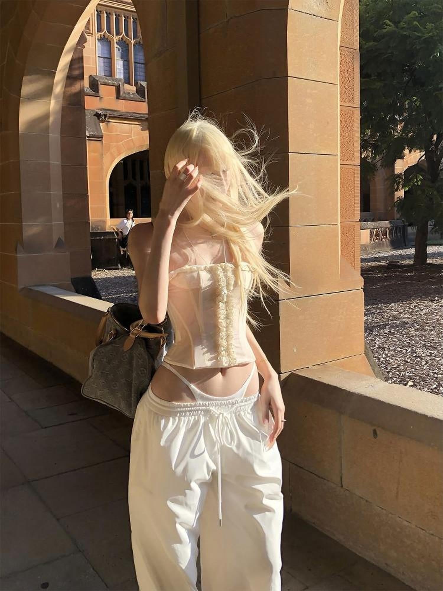 Rase le sol White Spliced Waistband Relaxed Floor Length Women's Wide-leg Pants