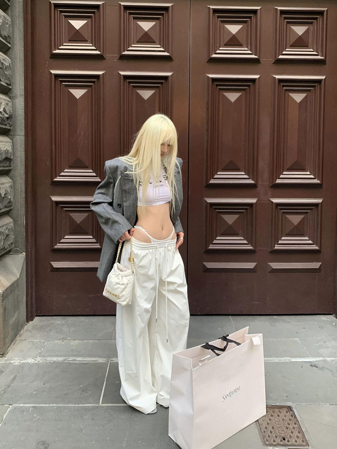 Rase le sol White Spliced Waistband Relaxed Floor Length Women's Wide-leg Pants