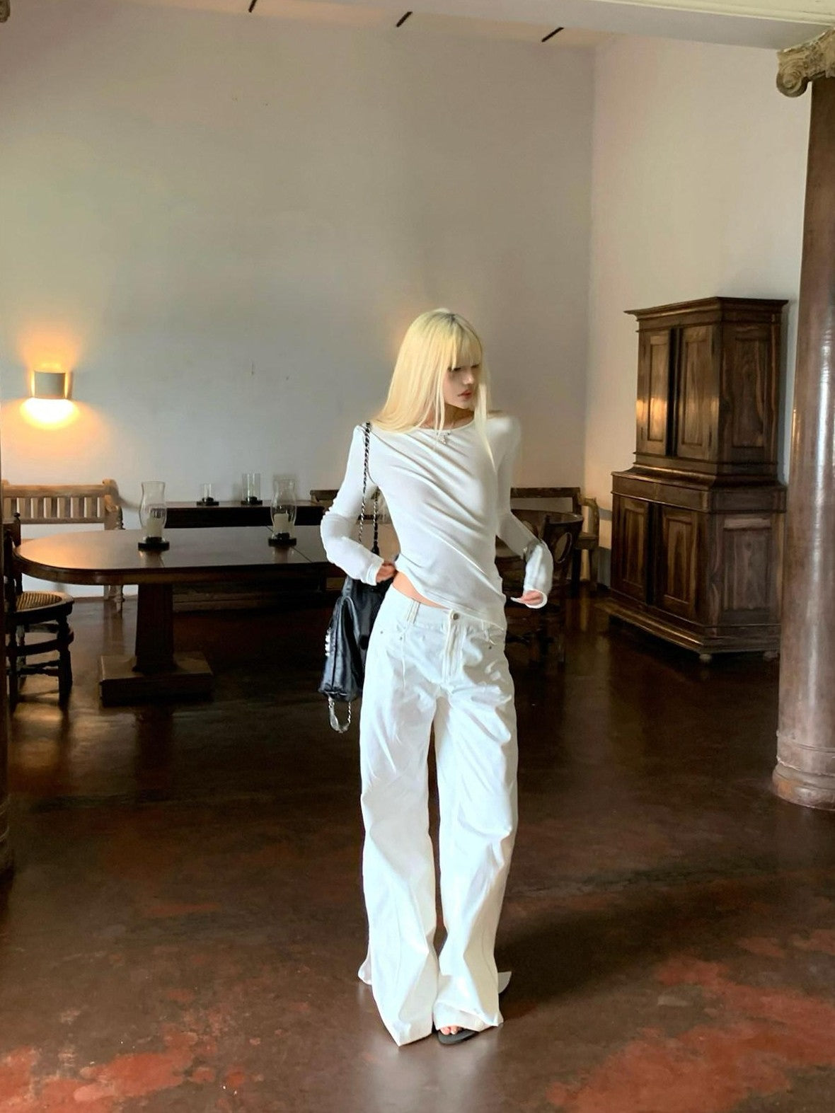 Rase le sol White Split Hem Utility Cargo Loose Straight Women's Wide-leg Pants
