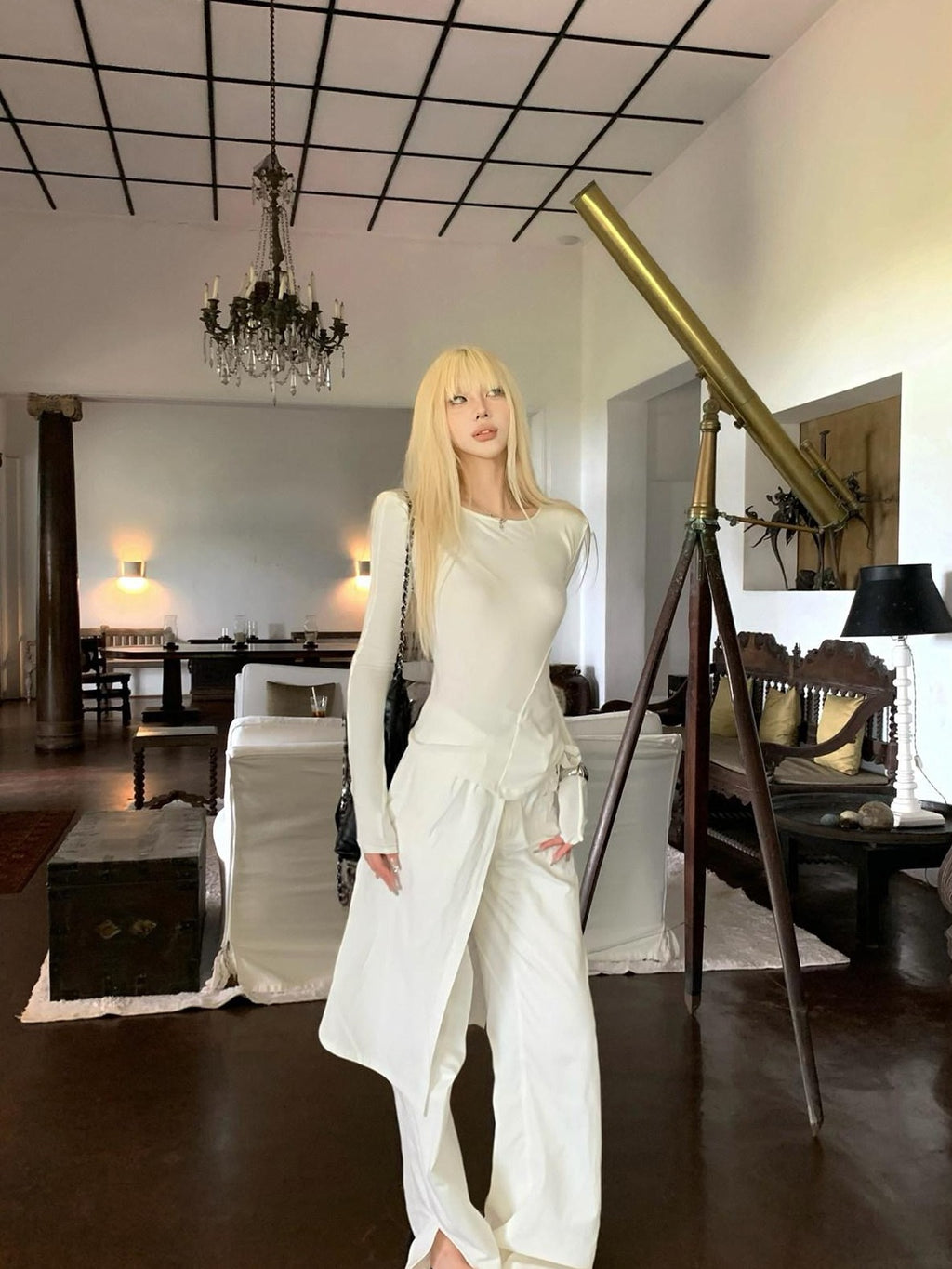 Rase le sol White Split Hem Utility Cargo Loose Straight Women's Wide-leg Pants