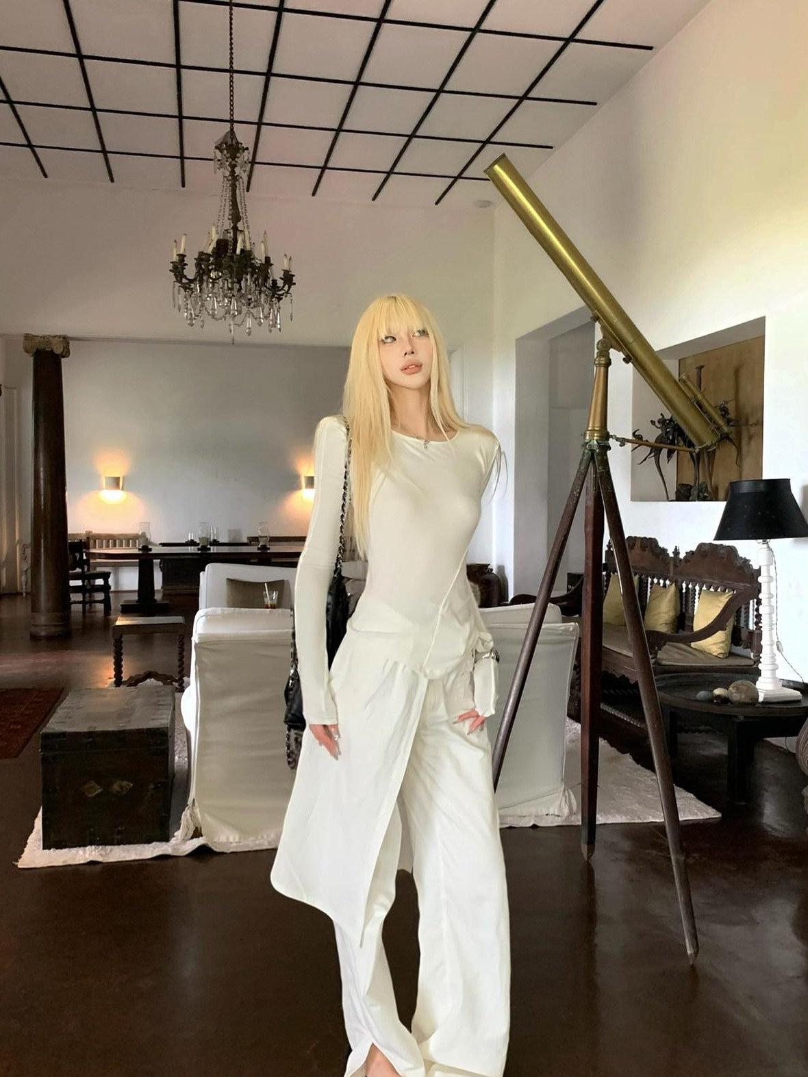Rase le sol White Split Hem Utility Cargo Loose Straight Women's Wide-leg Pants