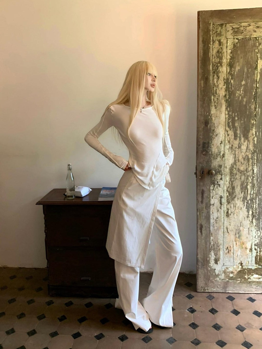 Rase le sol White Split Hem Utility Cargo Loose Straight Women's Wide-leg Pants