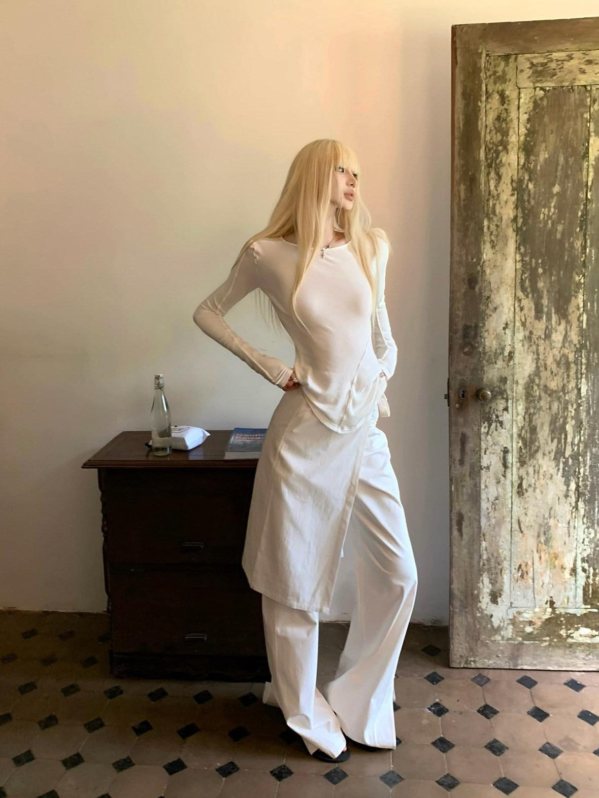 Rase le sol White Split Hem Utility Cargo Loose Straight Women's Wide-leg Pants