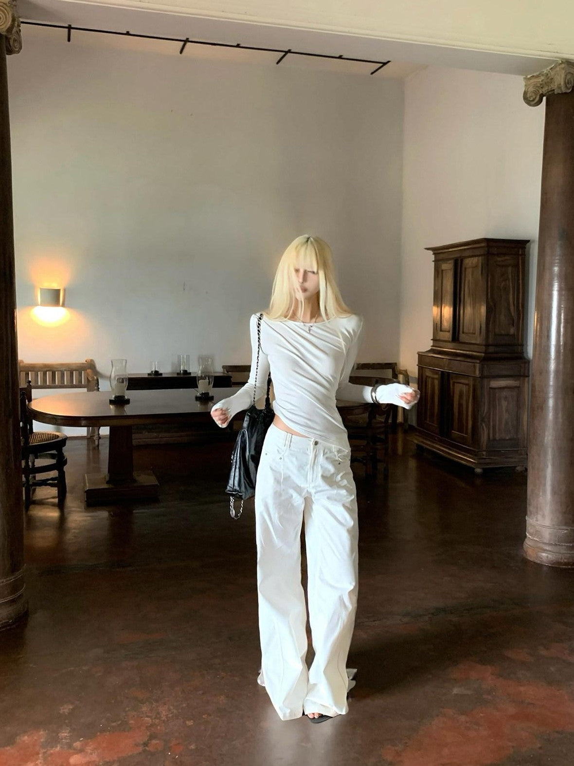 Rase le sol White Split Hem Utility Cargo Loose Straight Women's Wide-leg Pants