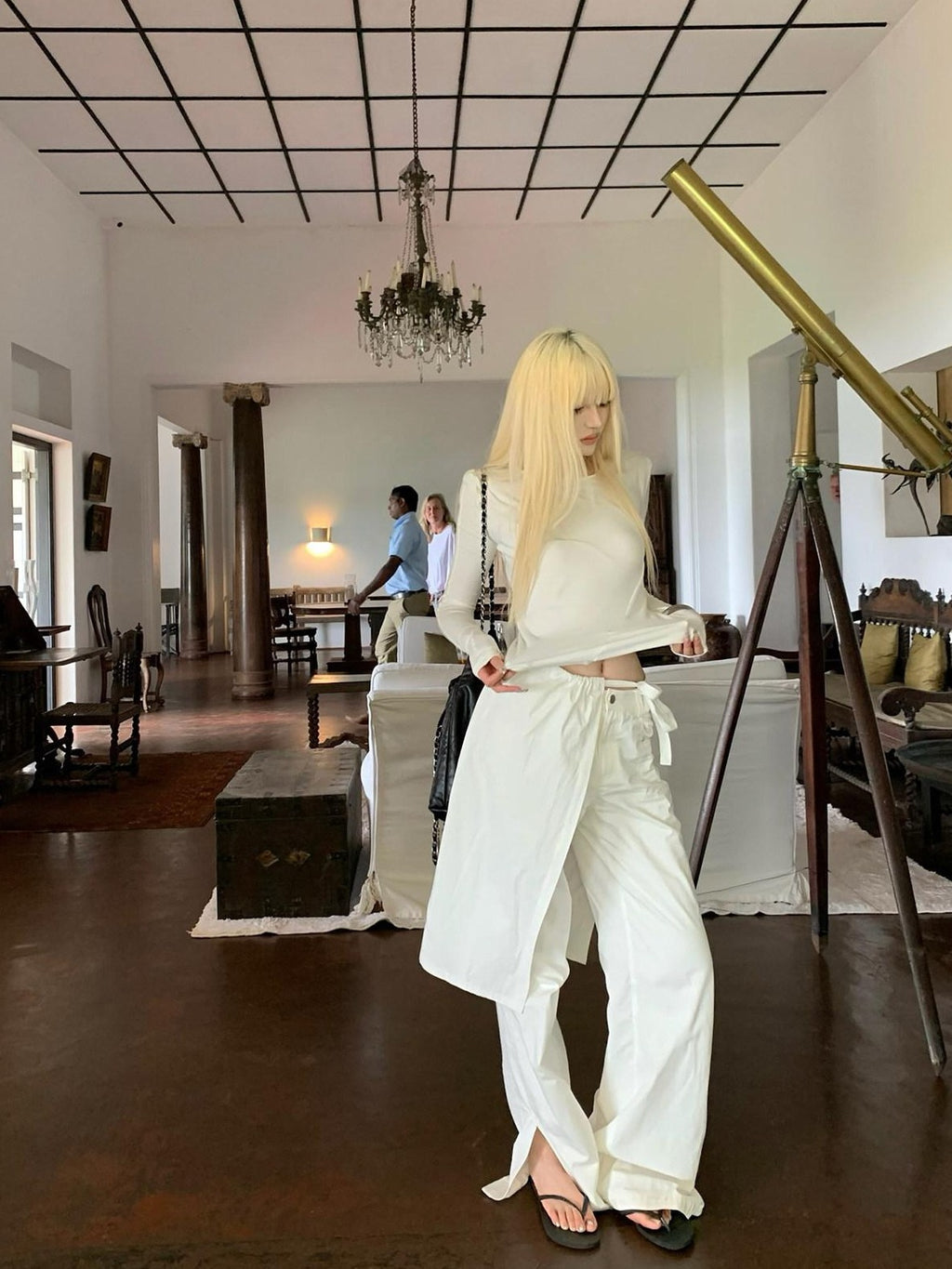 Rase le sol White Split Hem Utility Cargo Loose Straight Women's Wide-leg Pants