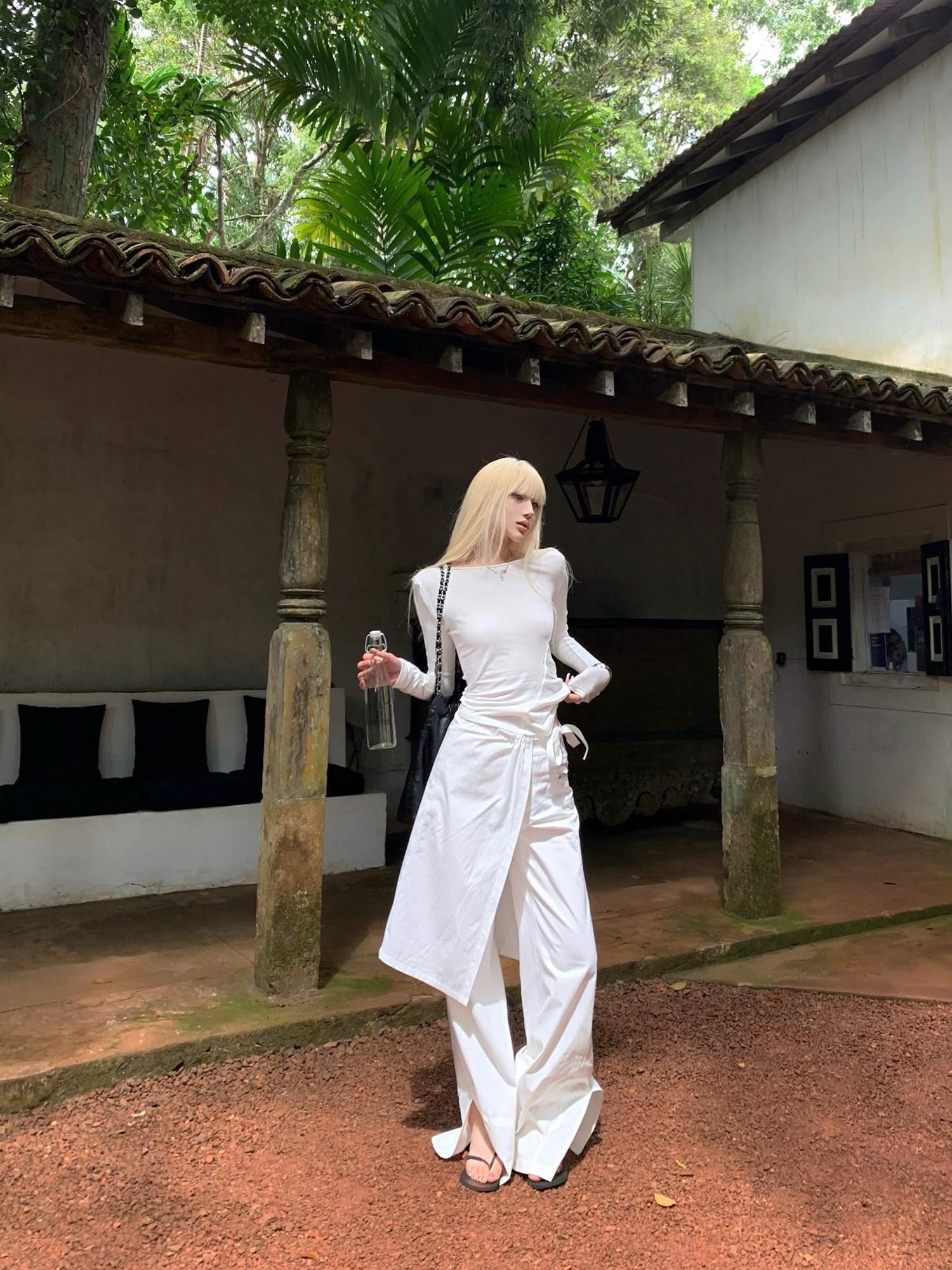 Rase le sol White Split Hem Utility Cargo Loose Straight Women's Wide-leg Pants