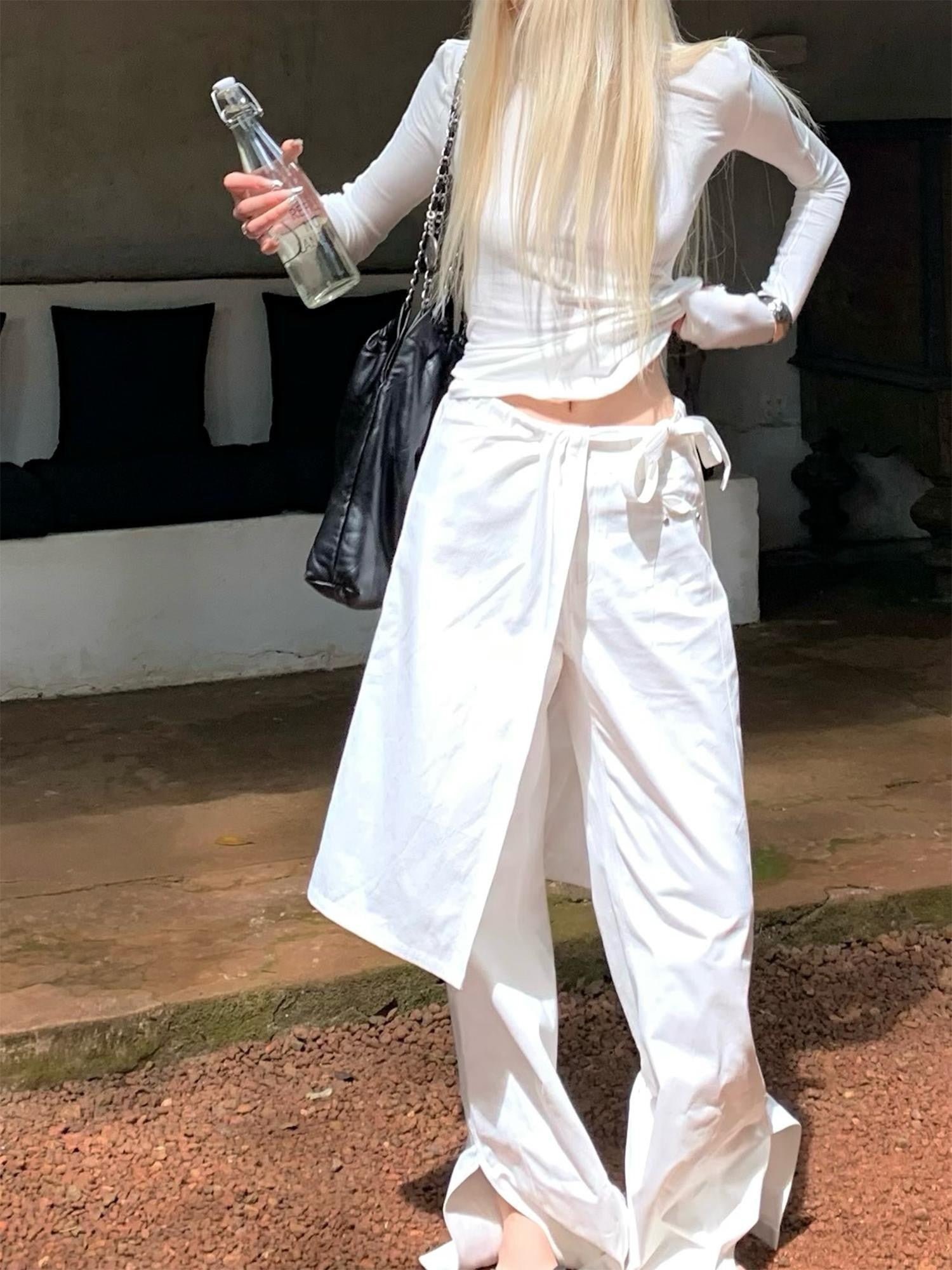 Rase le sol White Split Hem Utility Cargo Loose Straight Women's Wide-leg Pants
