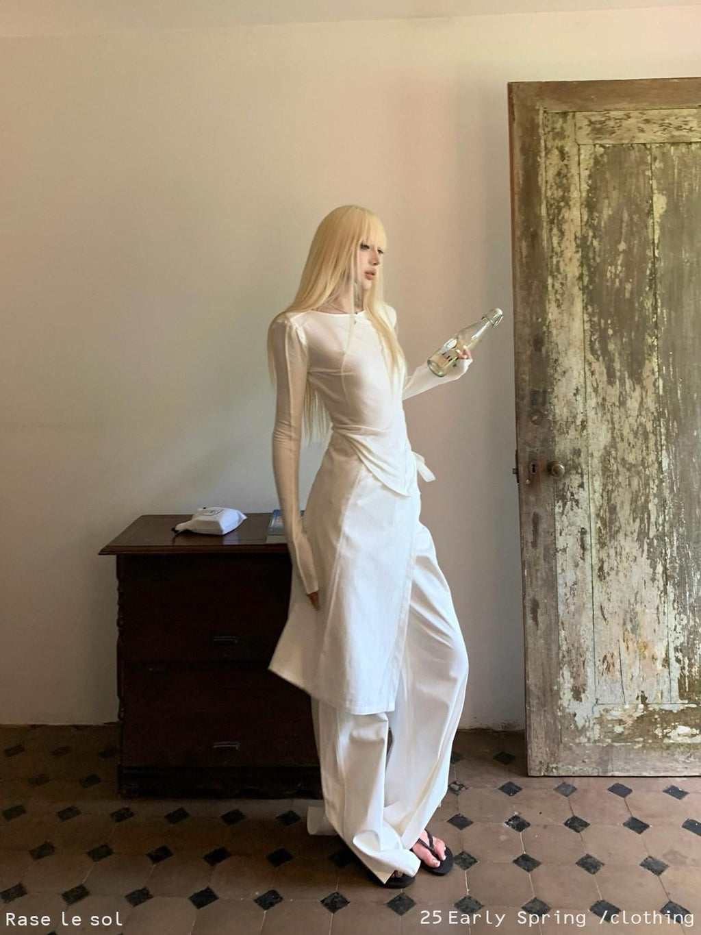 Rase le sol White Split Hem Utility Cargo Loose Straight Women's Wide-leg Pants