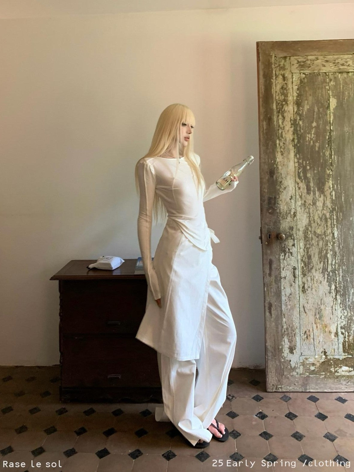 Rase le sol White Split Hem Utility Cargo Loose Straight Women's Wide-leg Pants