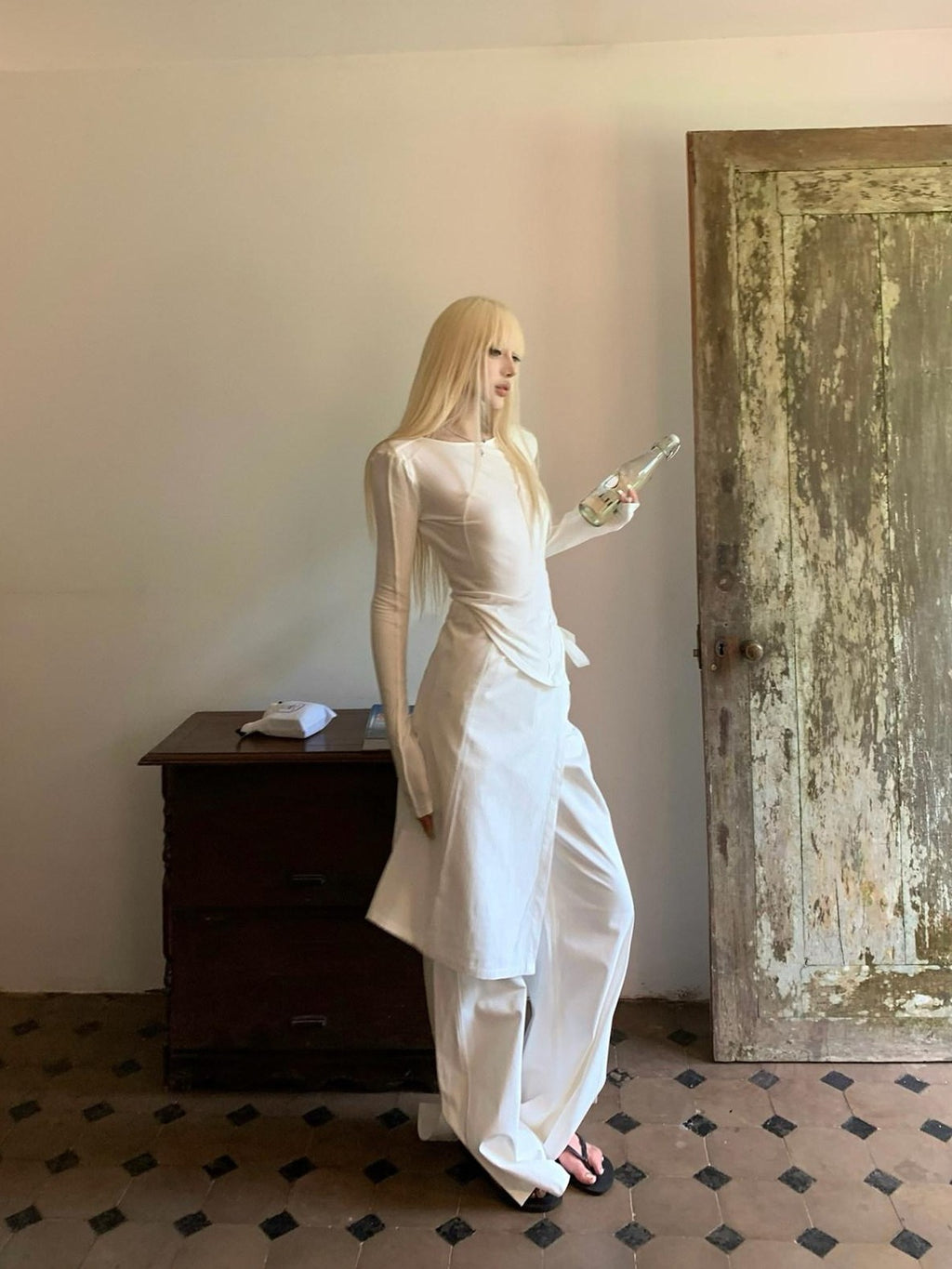 Rase le sol White Split Hem Utility Cargo Loose Straight Women's Wide-leg Pants