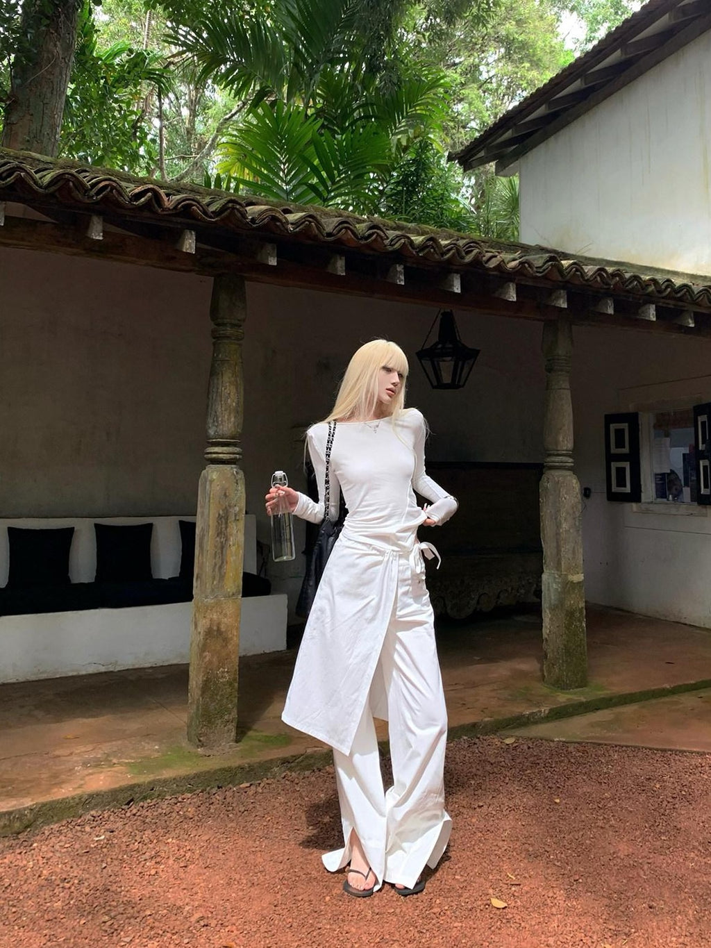 Rase le sol White Split Hem Utility Cargo Loose Straight Women's Wide-leg Pants