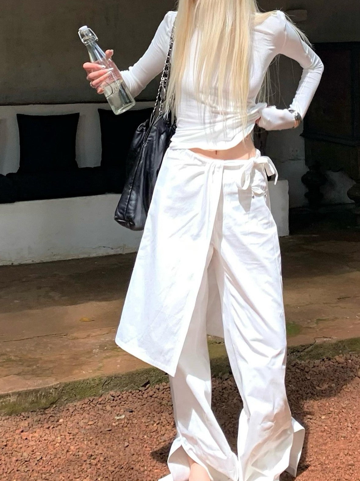 Rase le sol White Split Hem Utility Cargo Loose Straight Women's Wide-leg Pants