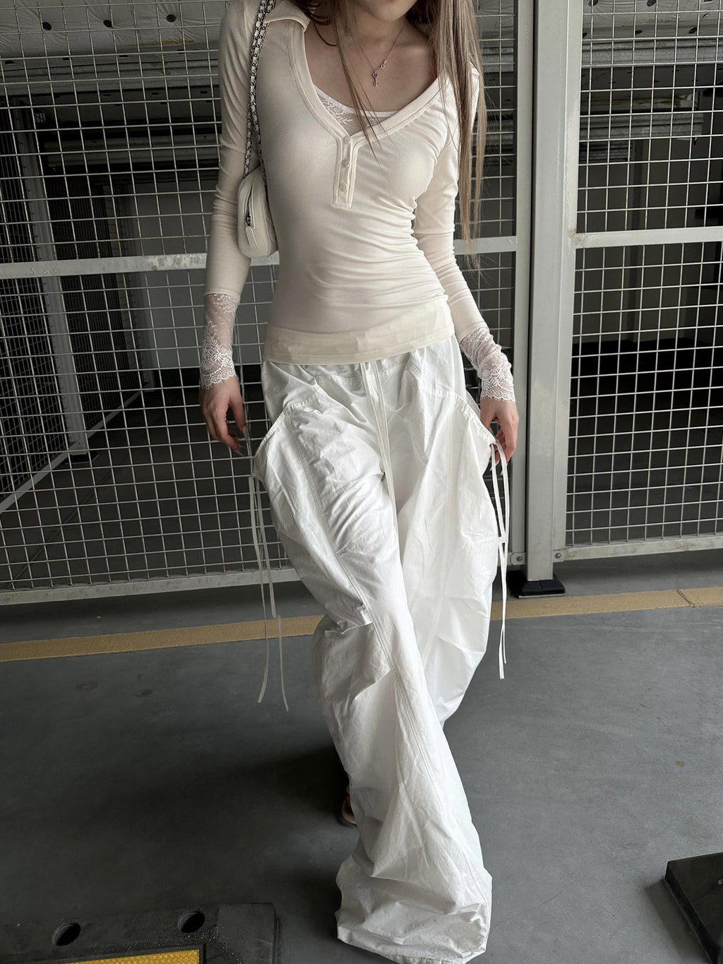Rase le sol White Stealth Utility Relaxed Straight Casual Women's Wide-leg Pants