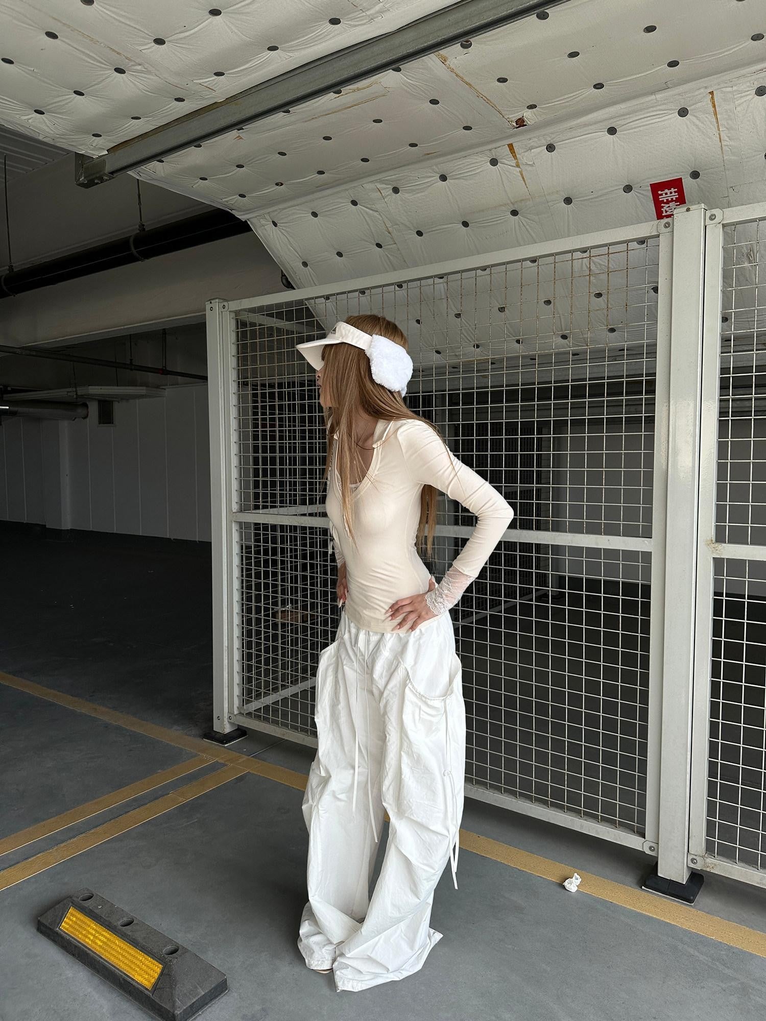 Rase le sol White Stealth Utility Relaxed Straight Casual Women's Wide-leg Pants