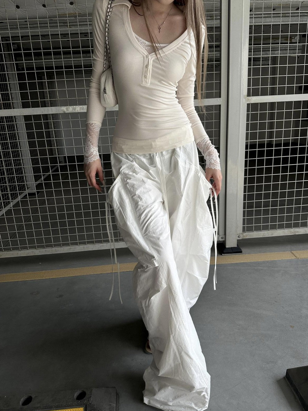 Rase le sol White Stealth Utility Relaxed Straight Casual Women's Wide-leg Pants