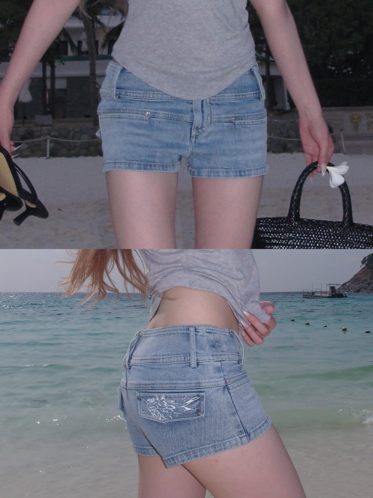 Rase le sol Wing Print Low Rise Figure Hugging Hip Sculpting Women's Denim Shorts