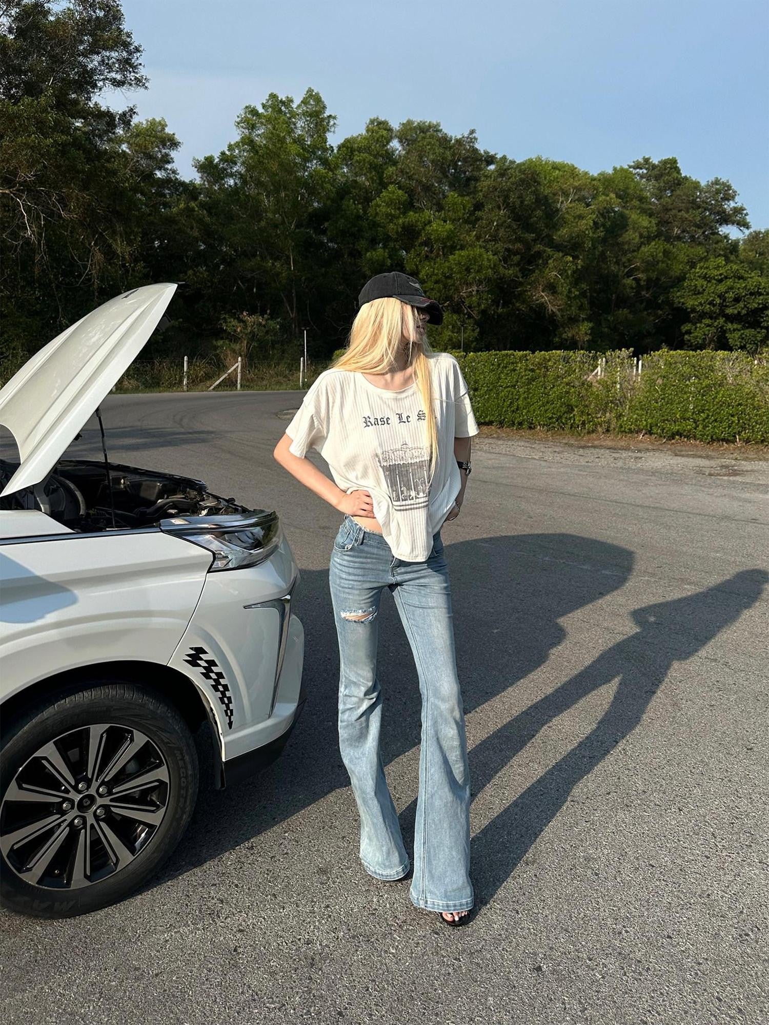 Rase le sol Wing Print Ribbed Short Sleeve Casual Relaxed Fit Women's Oversized T-shirts