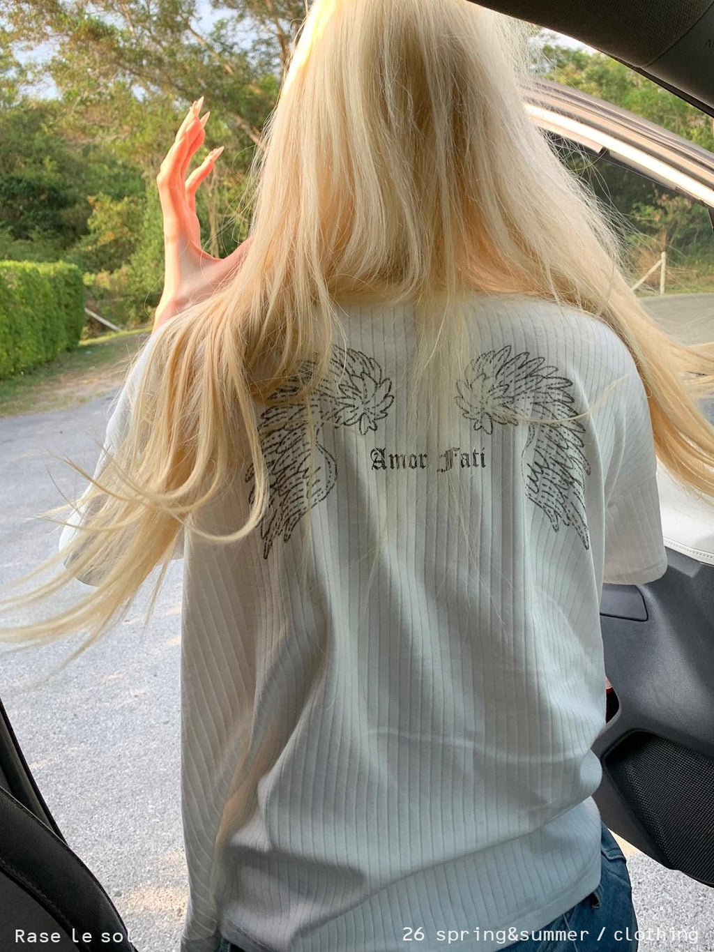 Rase le sol Wing Print Ribbed Short Sleeve Casual Relaxed Fit Women's Oversized T-shirts