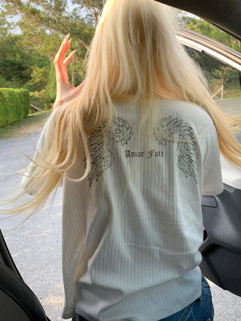 Rase le sol Wing Print Ribbed Short Sleeve Casual Relaxed Fit Women's Oversized T-shirts