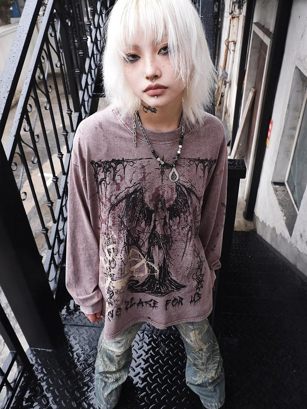 RebelSeed Aged Brown Heat Transfer Print Drop Shoulder Women's Cotton Long Sleeve T-shirts