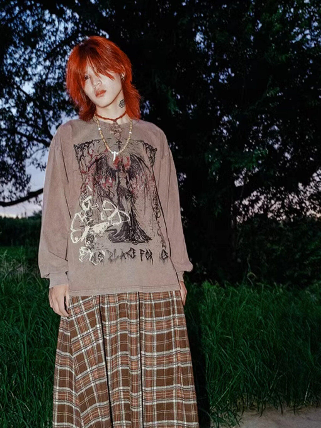 RebelSeed Aged Brown Heat Transfer Print Drop Shoulder Women's Cotton Long Sleeve T-shirts