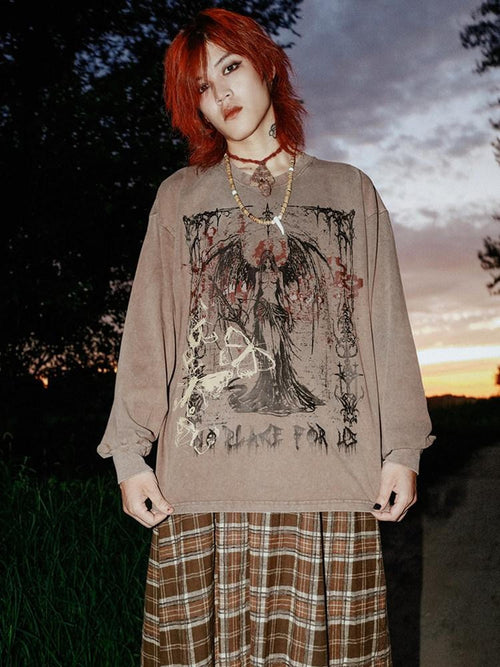 RebelSeed Aged Brown Heat Transfer Print Drop Shoulder Women's Cotton Long Sleeve T-shirts