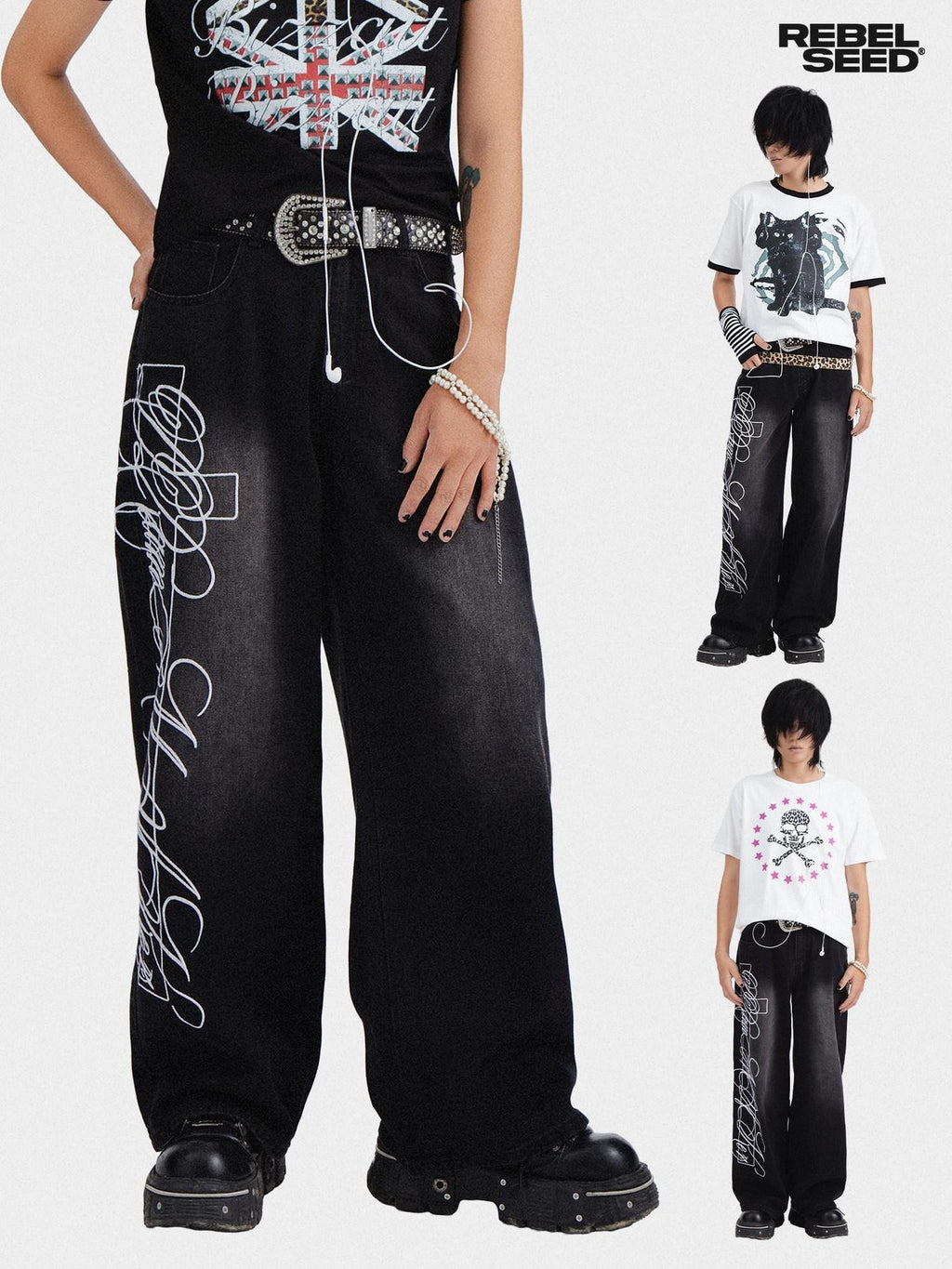 RebelSeed American Punk Washed Distressed Printed Women's Denim Wide-leg Jeans