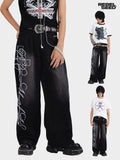RebelSeed American Punk Washed Distressed Printed Women's Denim Wide-leg Jeans