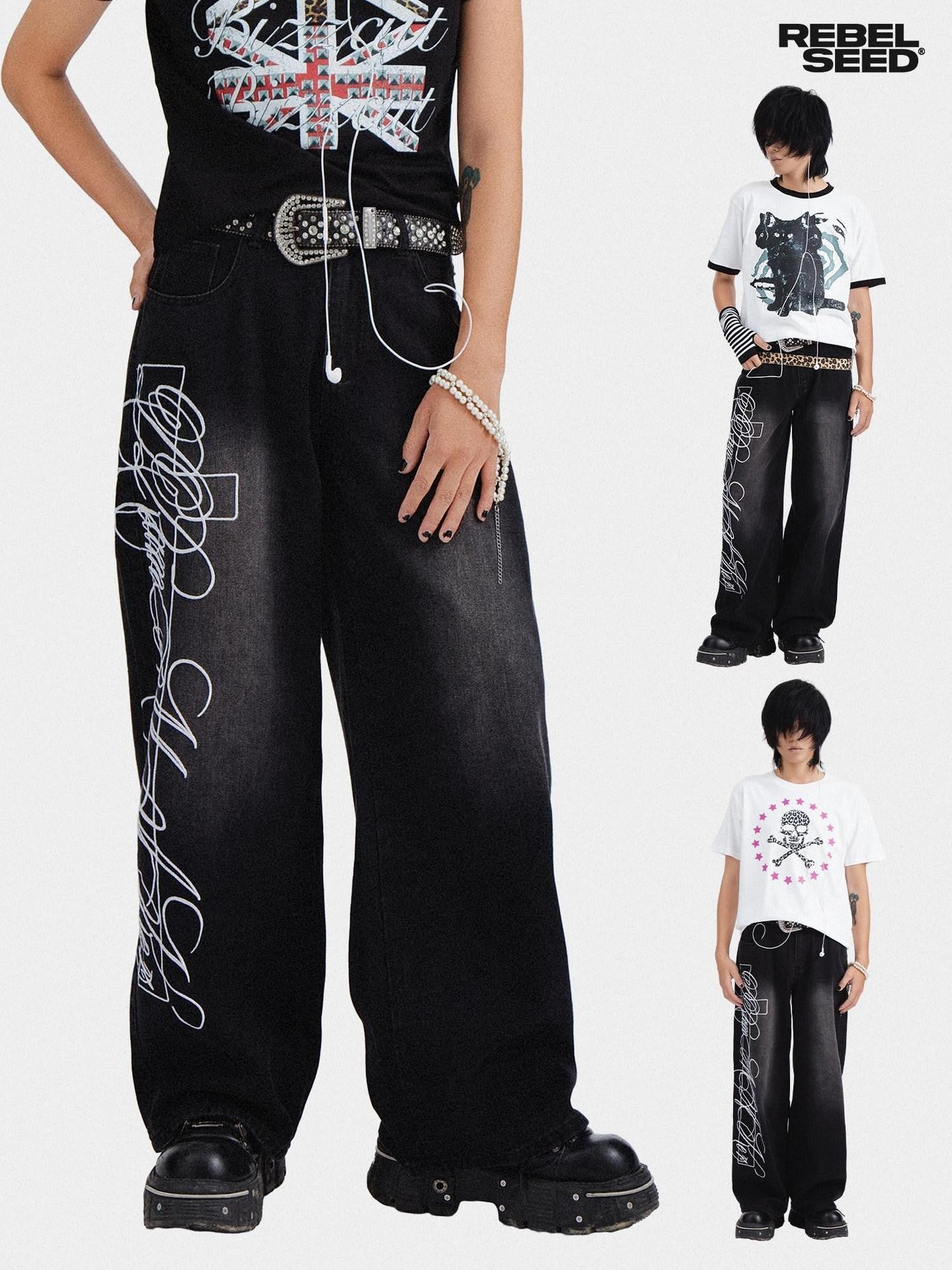 RebelSeed American Punk Washed Distressed Printed Women's Denim Wide-leg Jeans