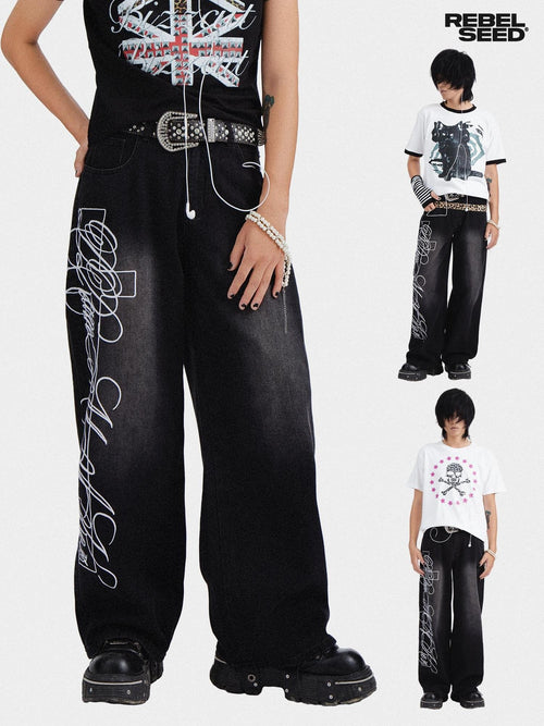 RebelSeed American Punk Washed Distressed Printed Women's Denim Wide-leg Jeans
