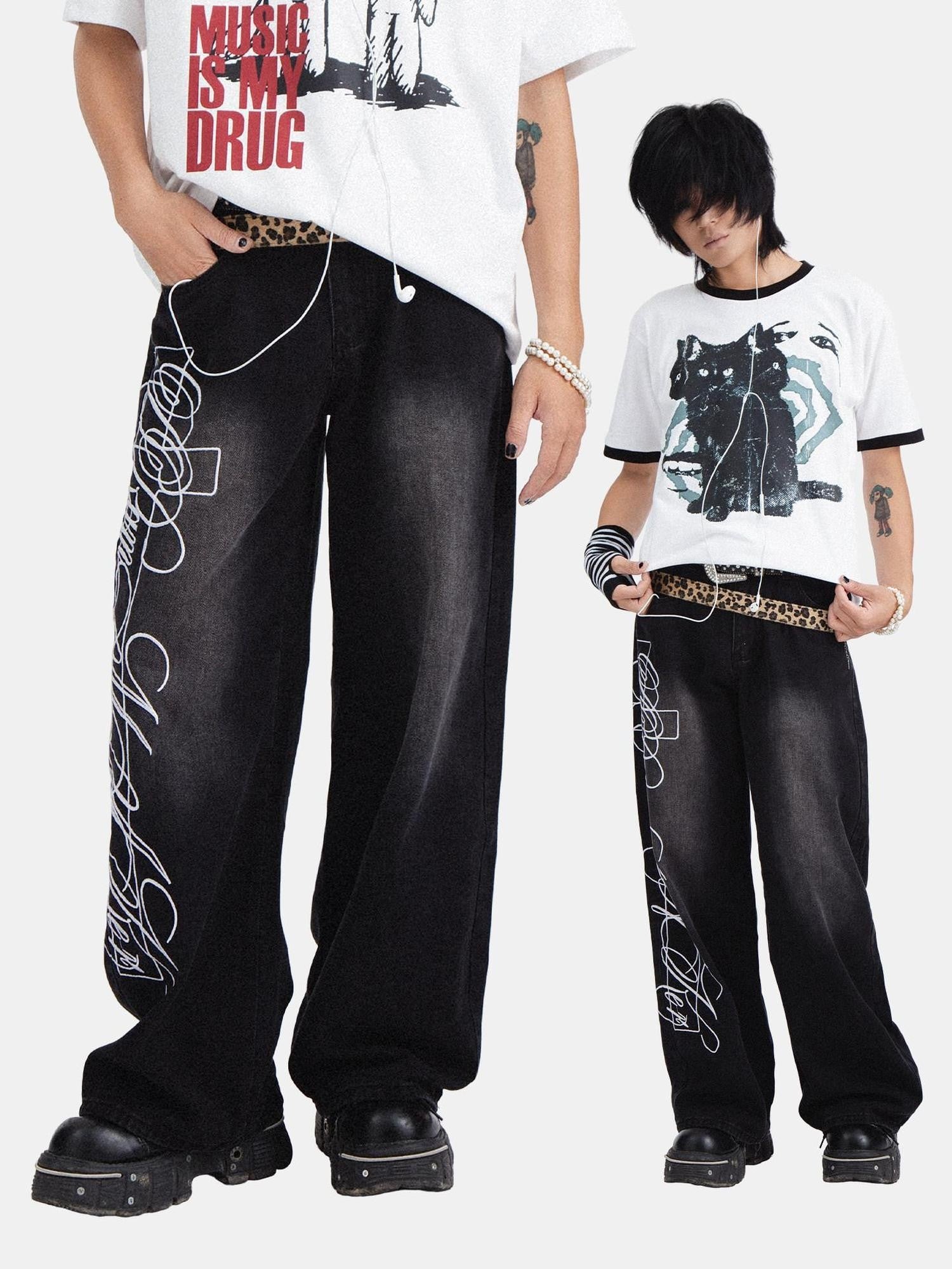 RebelSeed American Punk Washed Distressed Printed Women's Denim Wide-leg Jeans