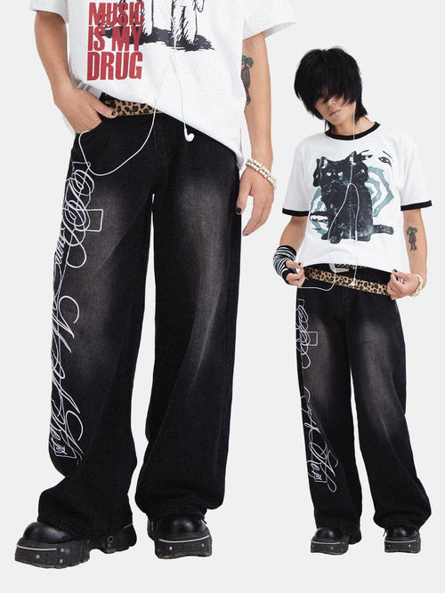 RebelSeed American Punk Washed Distressed Printed Women's Denim Wide-leg Jeans
