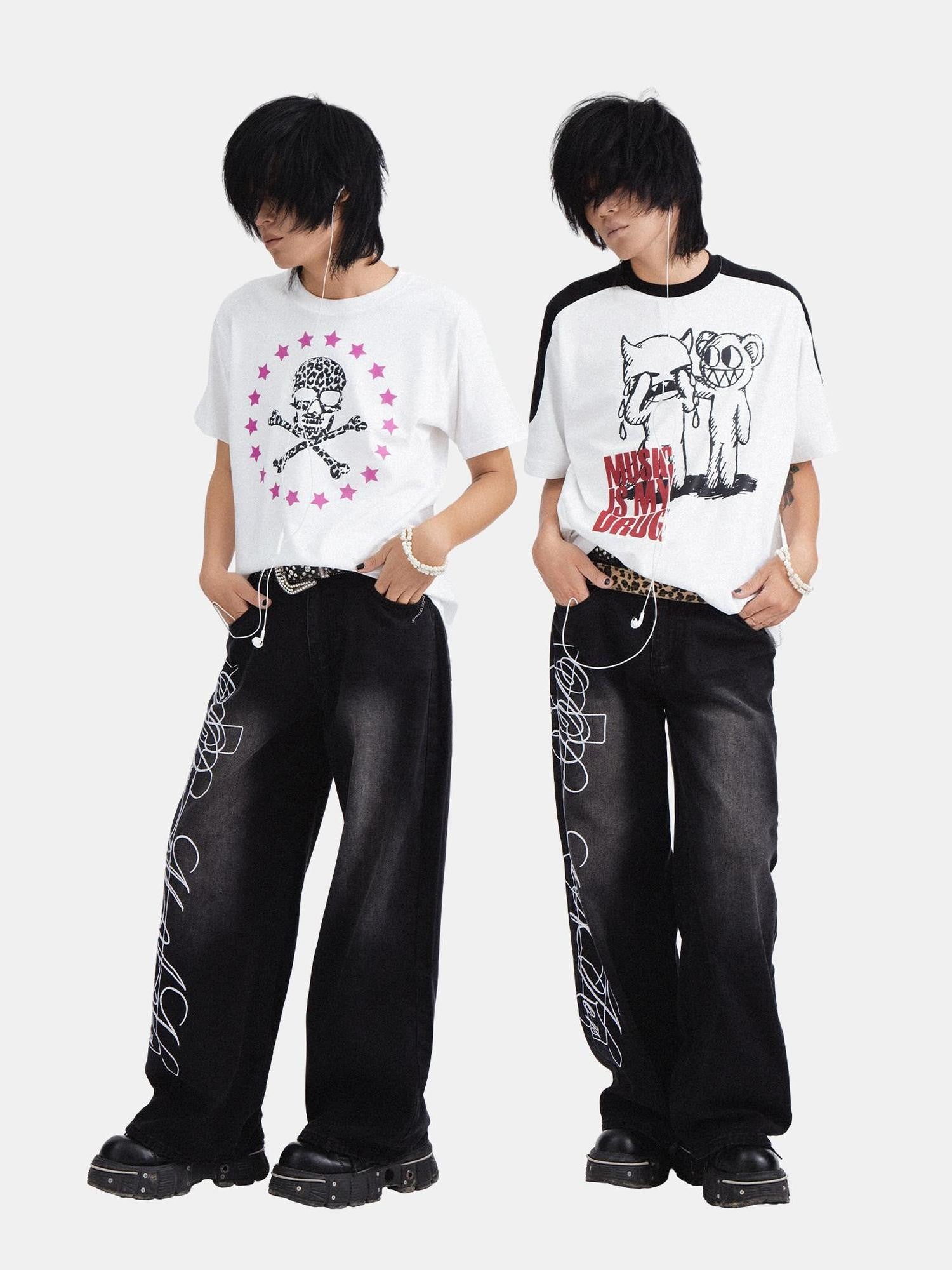 RebelSeed American Punk Washed Distressed Printed Women's Denim Wide-leg Jeans
