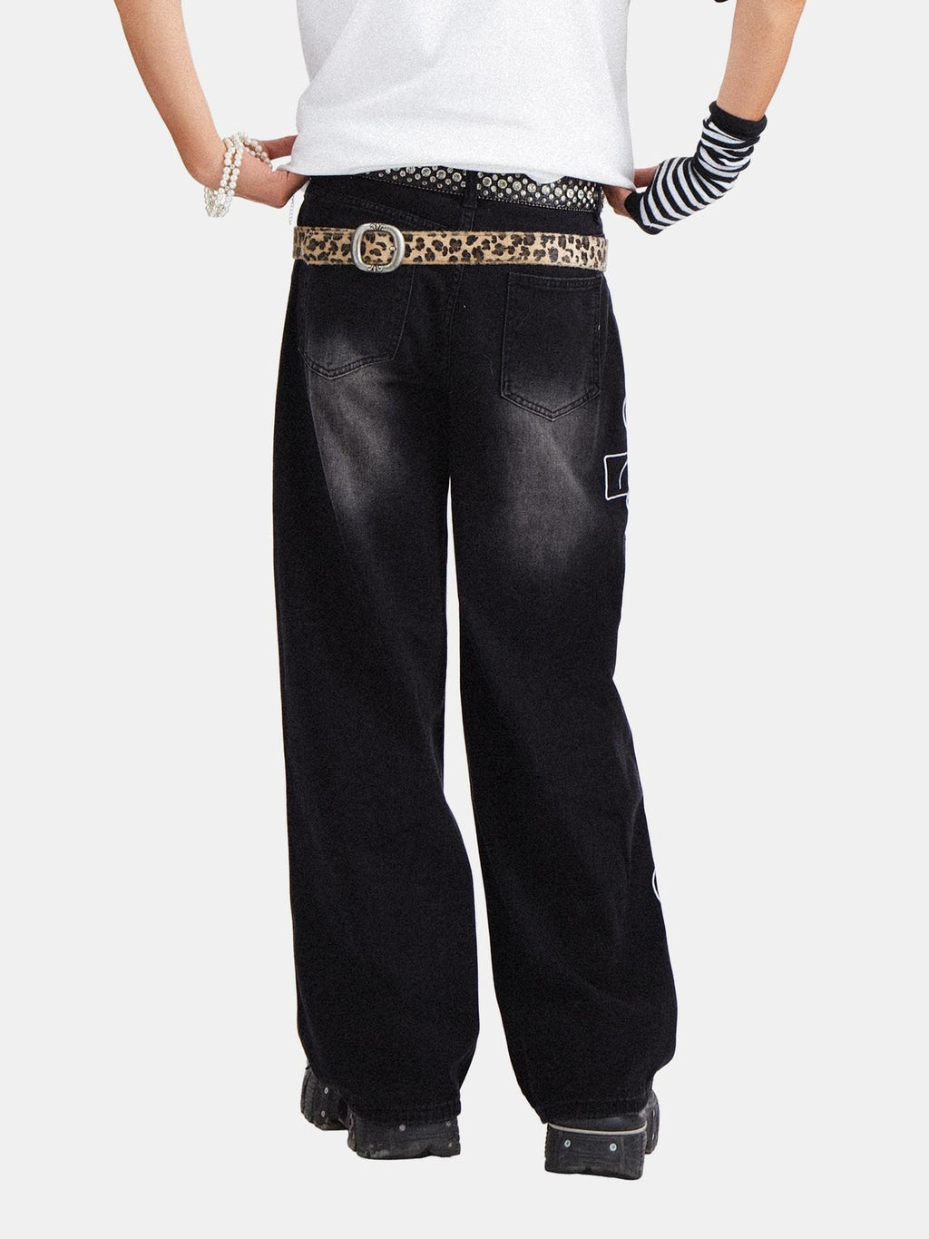 RebelSeed American Punk Washed Distressed Printed Women's Denim Wide-leg Jeans