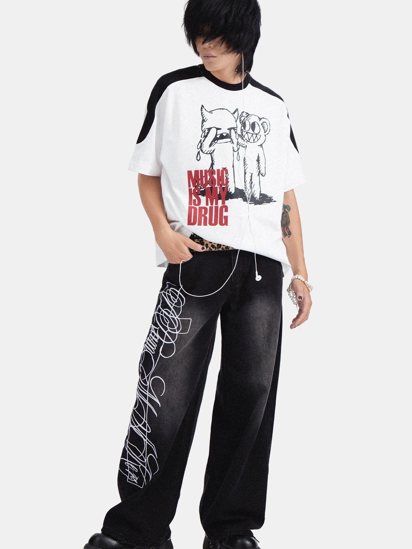 RebelSeed American Punk Washed Distressed Printed Women's Denim Wide-leg Jeans