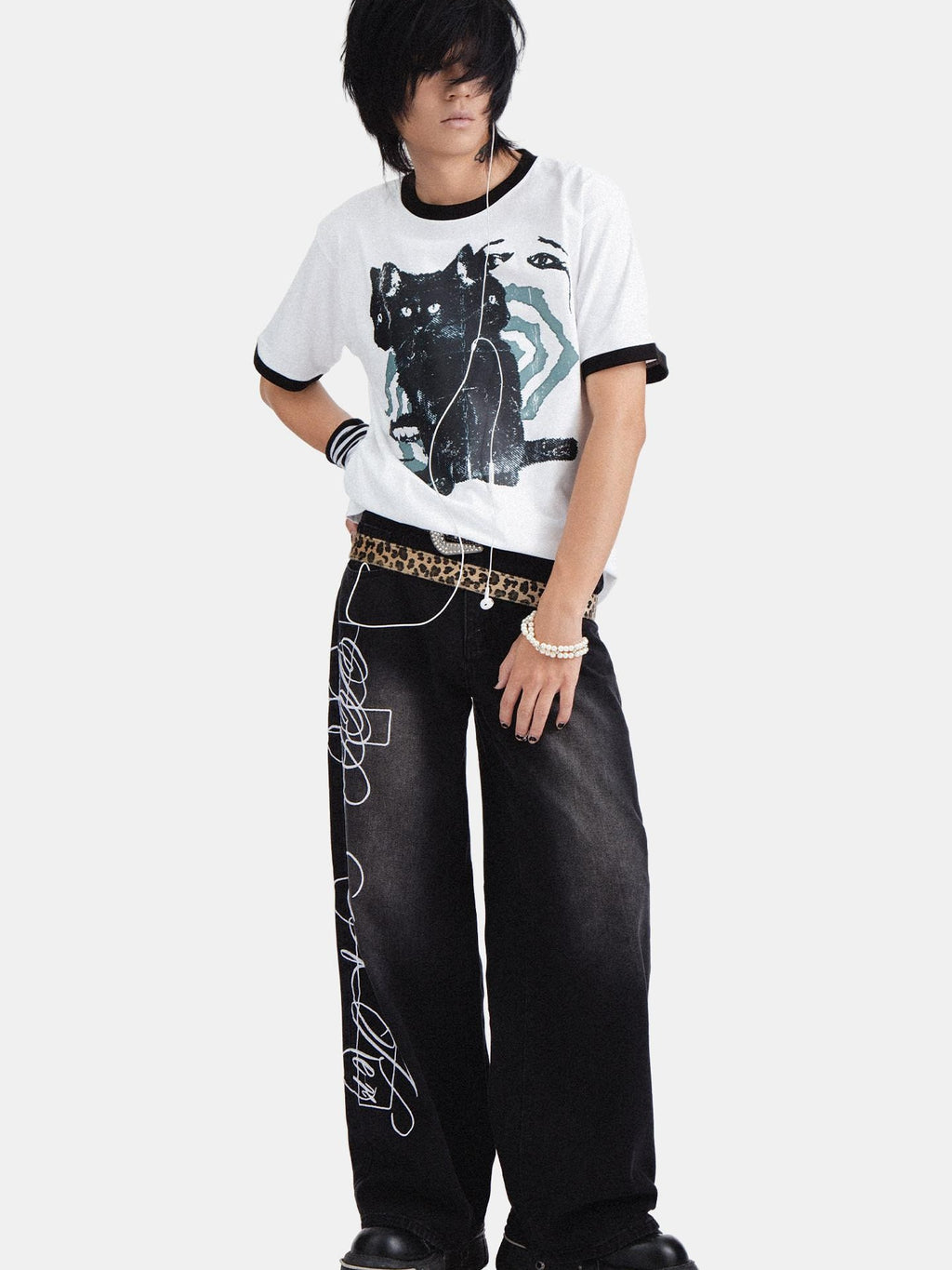 RebelSeed American Punk Washed Distressed Printed Women's Denim Wide-leg Jeans