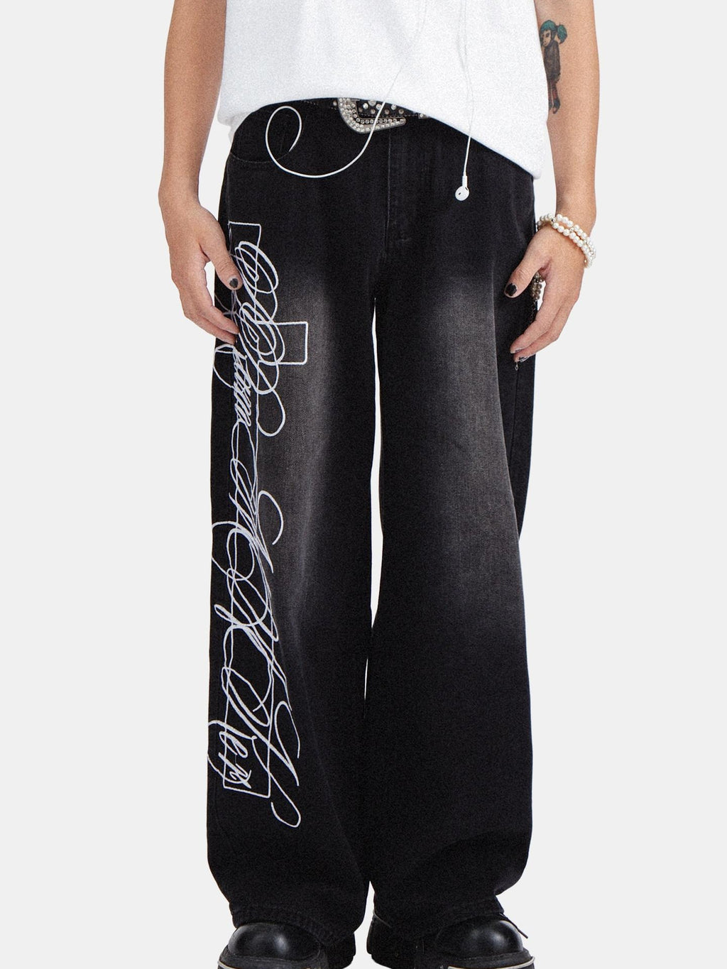 RebelSeed American Punk Washed Distressed Printed Women's Denim Wide-leg Jeans